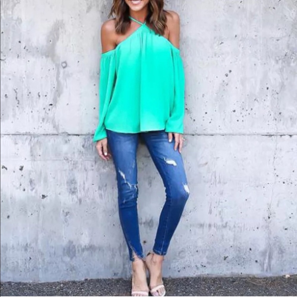 Cold Shoulder Cross Neck Green Top NEW
